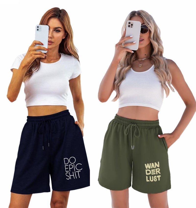 hotfits Women's Summer Shorts Pack of 2 – Casual Blue,Green,Grey,Navy Cotton Shorts for Women, Athletic Gym Jogger Shorts with Pockets, Relaxed Fit Running Shorts for Women Night Wear - Image 2