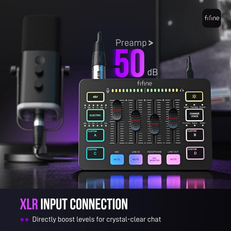 فيفين خلاط صوتي للألعاب ، خلاط RGB للبث المباشر مع واجهة ميكروفون XLR، تحكم فردي، مقياس مستوى الصوت، زر كتم الصوت، طاقة فانتوم 48 فولت، للبودكاست/التسجيل/الصوت/الصوت في الألعاب - AmpliGame SC3 - Image 2