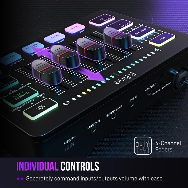 فيفين خلاط صوتي للألعاب ، خلاط RGB للبث المباشر مع واجهة ميكروفون XLR، تحكم فردي، مقياس مستوى الصوت، زر كتم الصوت، طاقة فانتوم 48 فولت، للبودكاست/التسجيل/الصوت/الصوت في الألعاب - AmpliGame SC3 - Image 3