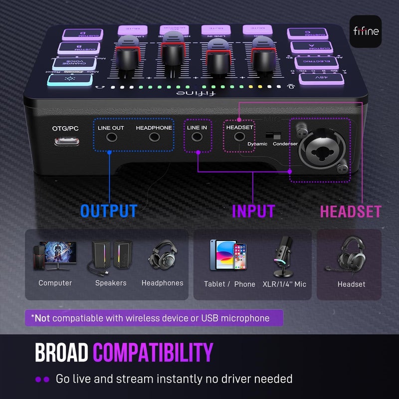فيفين خلاط صوتي للألعاب ، خلاط RGB للبث المباشر مع واجهة ميكروفون XLR، تحكم فردي، مقياس مستوى الصوت، زر كتم الصوت، طاقة فانتوم 48 فولت، للبودكاست/التسجيل/الصوت/الصوت في الألعاب - AmpliGame SC3 - Image 4