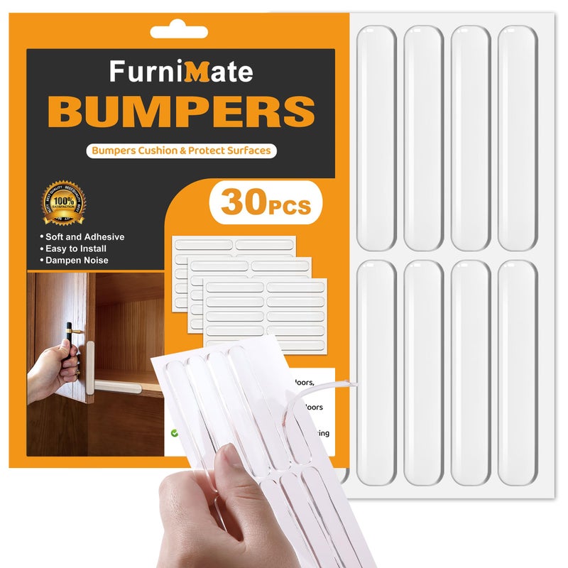 FURNIMATE Anti Door Slam 30PCS, Door Slam Silencer, Clear Cabinet Door Bumpers, Rubber Bumpers Self Adhesive 2.5x0.4x0.08 inches - Image 1