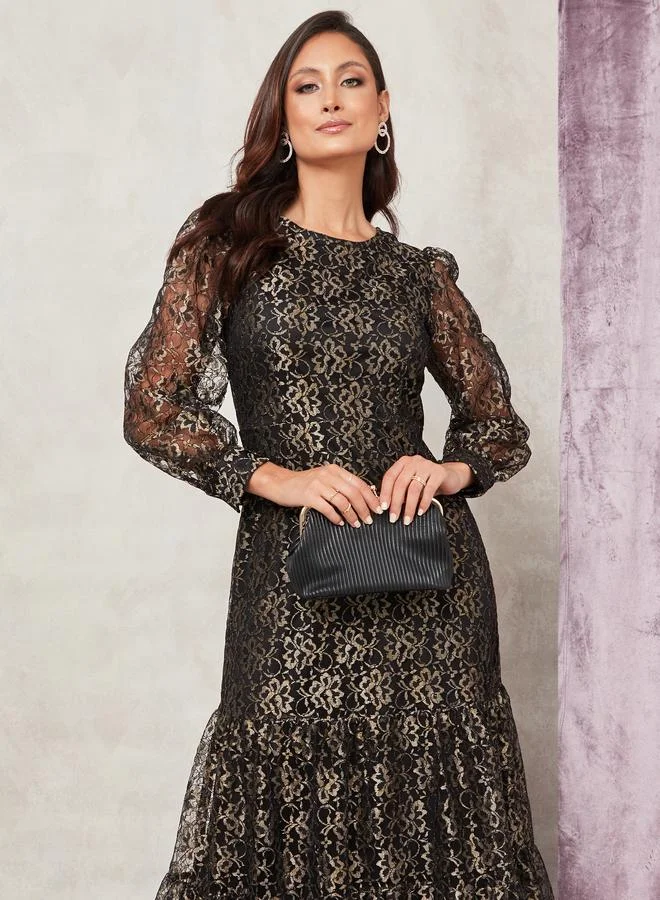 Closet Long Sleeves All Over Metallic Lace Dress Frill Hem Maxi Dress