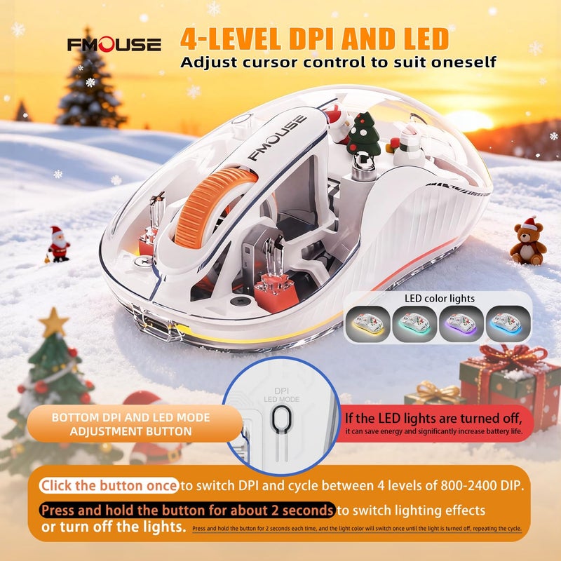 FMOUSE White Transparent Wireless Mouse with Cute Santa Doll, Dual Receivers (USB & Type-C), Tri-Mode Bluetooth+2.4GHz, Rechargeable Silent Portable Mice for MacBook/Laptops/PC/Office/Home - Image 5