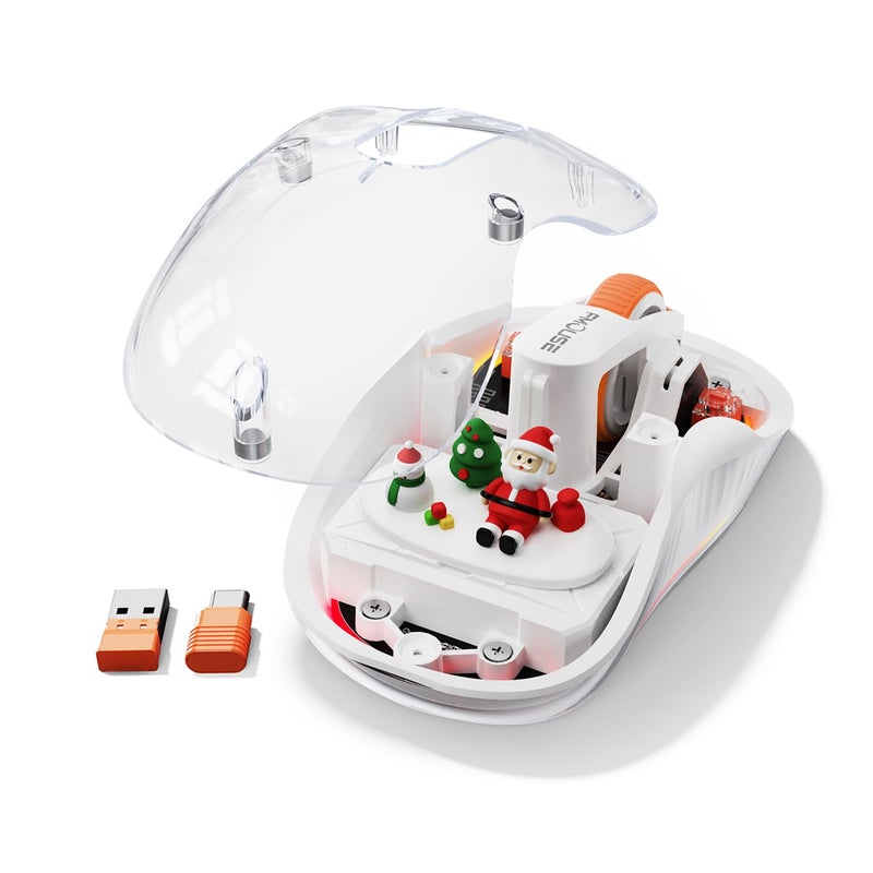 FMOUSE White Transparent Wireless Mouse with Cute Santa Doll, Dual Receivers (USB & Type-C), Tri-Mode Bluetooth+2.4GHz, Rechargeable Silent Portable Mice for MacBook/Laptops/PC/Office/Home - Image 1