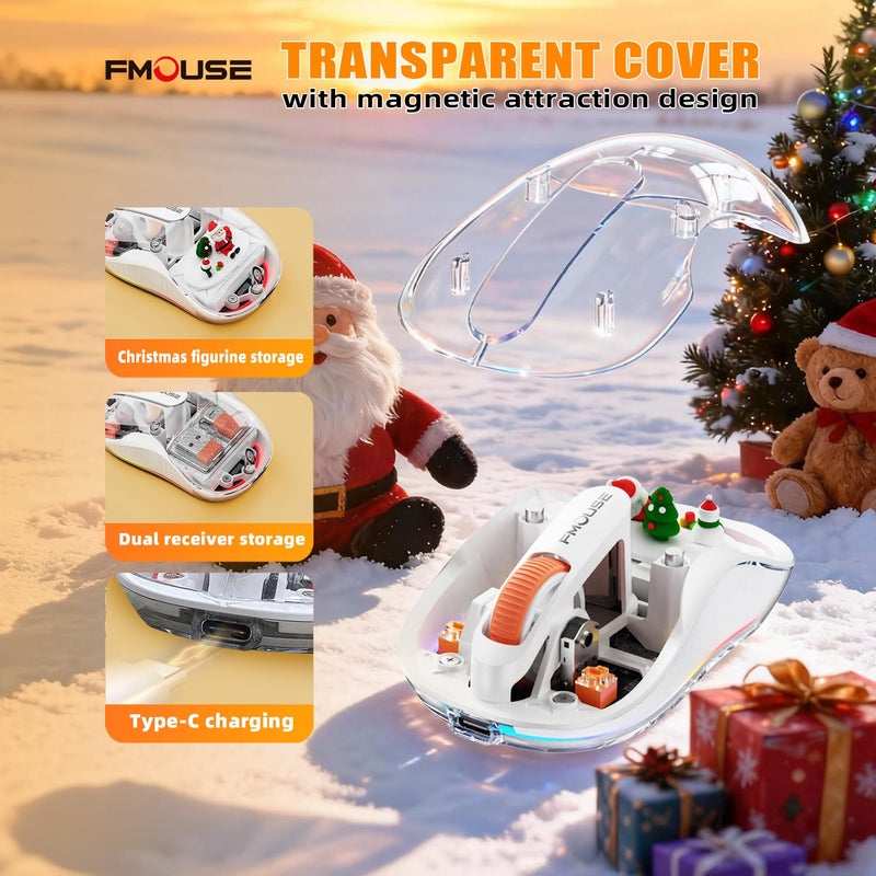 FMOUSE White Transparent Wireless Mouse with Cute Santa Doll, Dual Receivers (USB & Type-C), Tri-Mode Bluetooth+2.4GHz, Rechargeable Silent Portable Mice for MacBook/Laptops/PC/Office/Home - Image 2