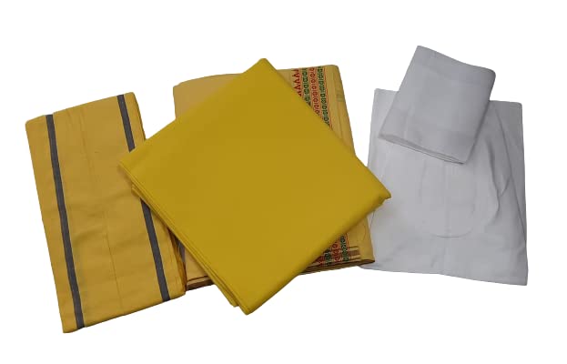 CHANDRAVATI Pure Cotton Men's 5 - Piece Pandit Dhoti Kurta Set | Unstitched Border Dhoti, unstitched Kurta, angocha, Vest, Hanky. (Lemon Yellow) - Image 5