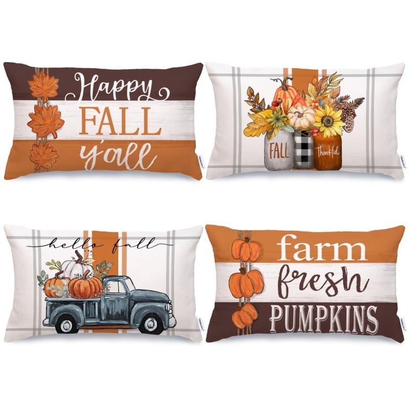 GEEORY GEEORY Fall Pillow Covers 12 x 20 Inch Set of 4  Happy Fall Y'all Stripes Pumpkins Mason Jar Thankful Decor  Cushion Cases for Farmhouse Home Party Sofa Couch (Brown) G355-12 - Image 1