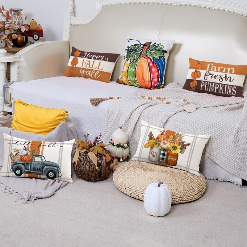 GEEORY GEEORY Fall Pillow Covers 12 x 20 Inch Set of 4  Happy Fall Y'all Stripes Pumpkins Mason Jar Thankful Decor  Cushion Cases for Farmhouse Home Party Sofa Couch (Brown) G355-12 - Image 2