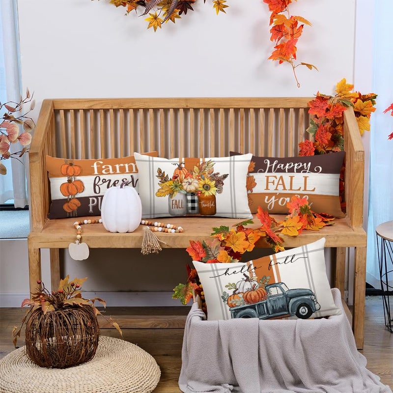 GEEORY GEEORY Fall Pillow Covers 12 x 20 Inch Set of 4  Happy Fall Y'all Stripes Pumpkins Mason Jar Thankful Decor  Cushion Cases for Farmhouse Home Party Sofa Couch (Brown) G355-12 - Image 3