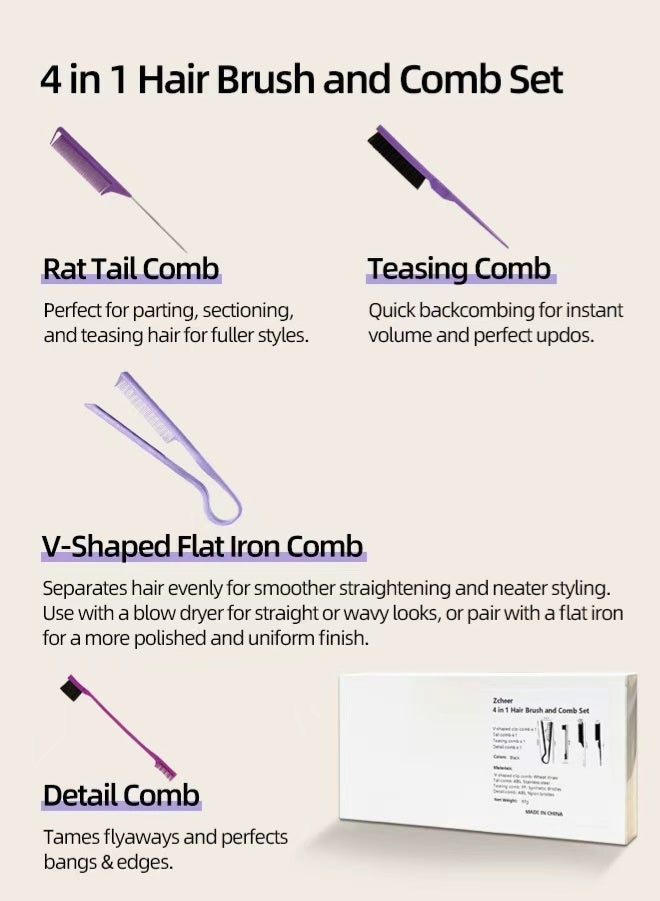 Zcheer 4-in-1 Professional Hair Comb Set – Wheat Straw V-Shape Styling Comb for Curly & Straight Hair, Teasing Comb, Rat Tail Comb, Detail Comb for Edges, Backcombing, Slicking Hair, Anti-Bacterial & Heat Resistant, Ideal for Women & Salon（Black） - Image 4