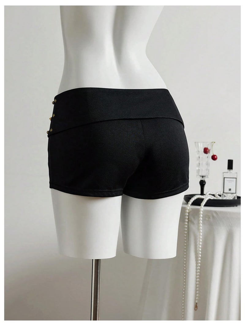 MakeMeChic Women's Summer Y2K Punk Shorts Rivet Studded Straight Leg Mini Shorts Club Outfits Black Small - Image 2
