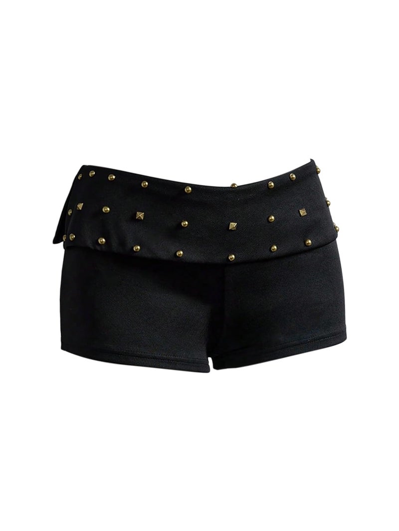 MakeMeChic Women's Summer Y2K Punk Shorts Rivet Studded Straight Leg Mini Shorts Club Outfits Black Small - Image 1