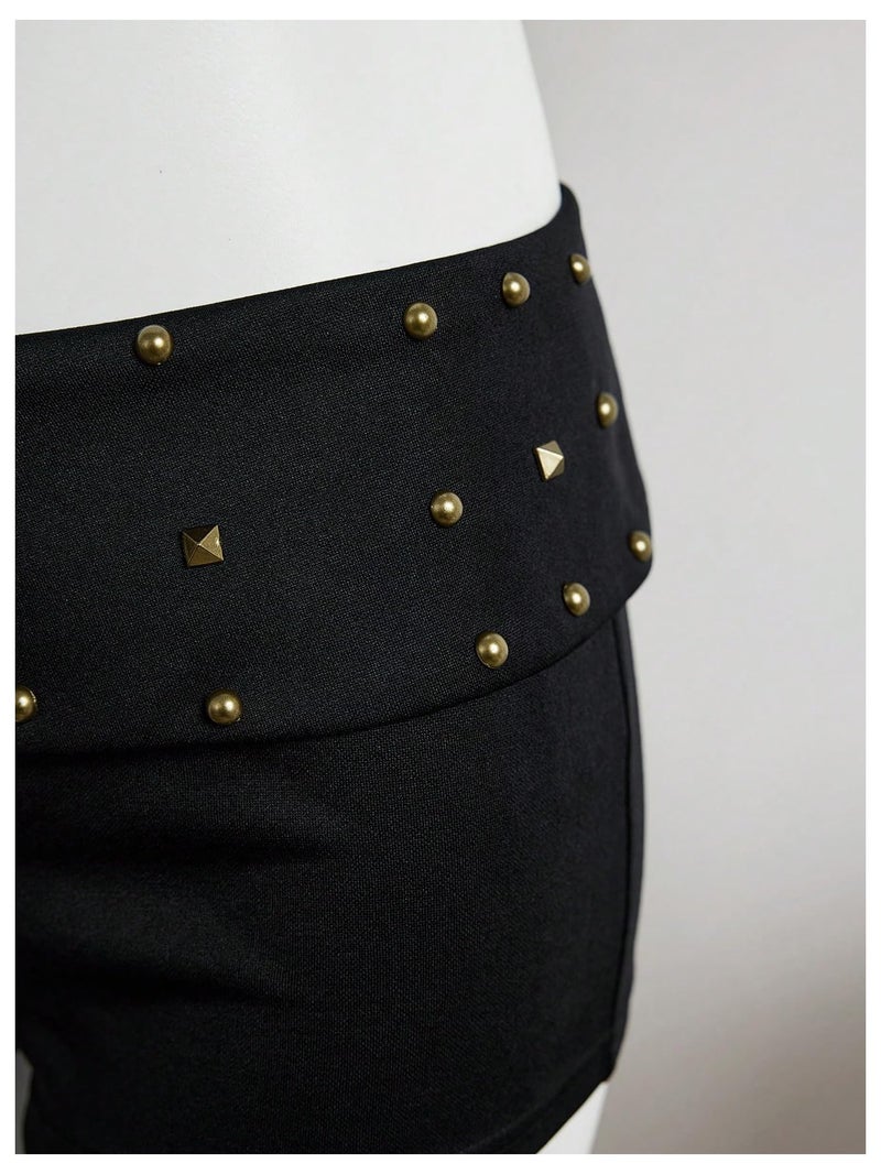 MakeMeChic Women's Summer Y2K Punk Shorts Rivet Studded Straight Leg Mini Shorts Club Outfits Black Small - Image 5