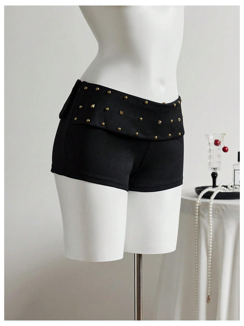 MakeMeChic Women's Summer Y2K Punk Shorts Rivet Studded Straight Leg Mini Shorts Club Outfits Black Small - Image 3