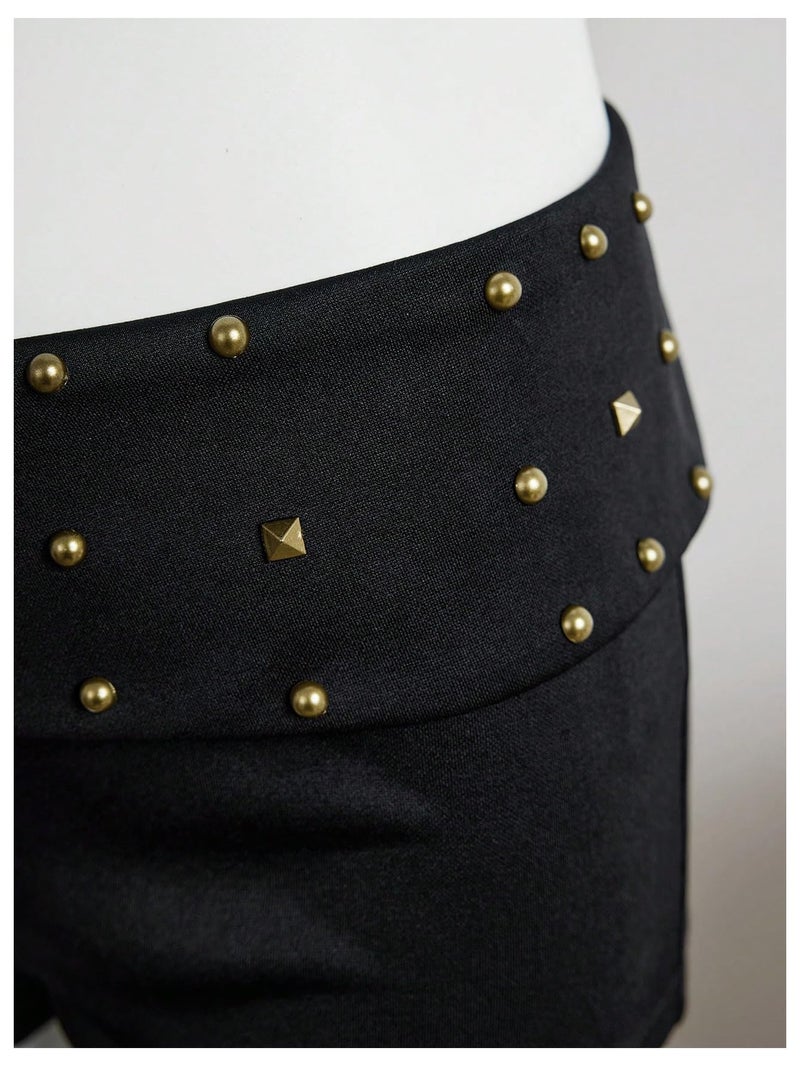 MakeMeChic Women's Summer Y2K Punk Shorts Rivet Studded Straight Leg Mini Shorts Club Outfits Black Small - Image 4