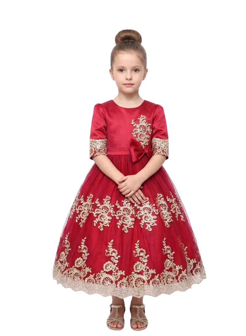Bidani Gold Lace Appliqué & Red Satin Bodice Dress with Bow