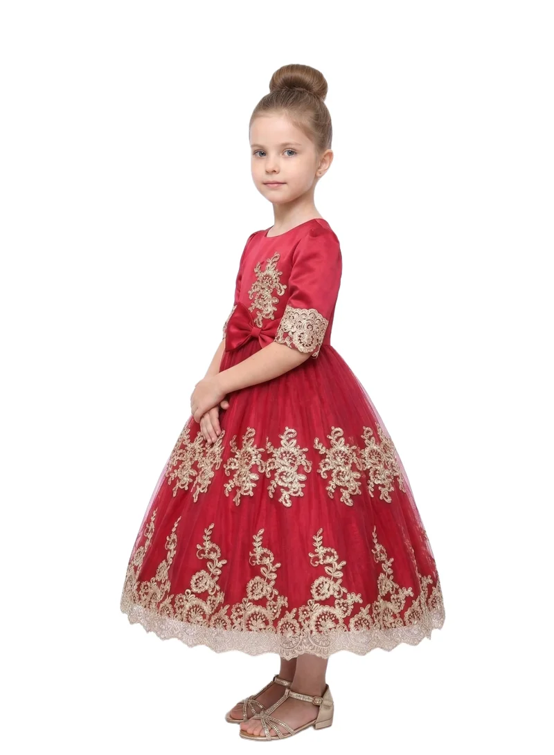 Bidani Gold Lace Appliqué & Red Satin Bodice Dress with Bow