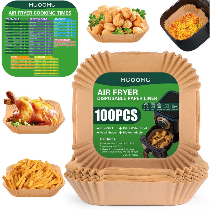 MUOOMU Air Fryer Disposable Square Parchment Liners Non-Stick Water Proof - 100 Pack Of 6.3 Inch Liners For Frying Pans And Microwaves - Image 1