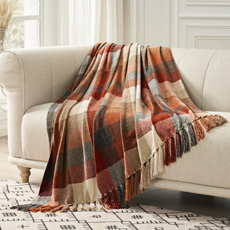 EVERGRACE Plaid Chenille Throw Blanket for Couch Super Soft Cozy Decorative Fall Throw Blanket with Tassels for Bed Sofa Gift Lightweight Harvest Plaid Throw Blanket for Autumn 50x60