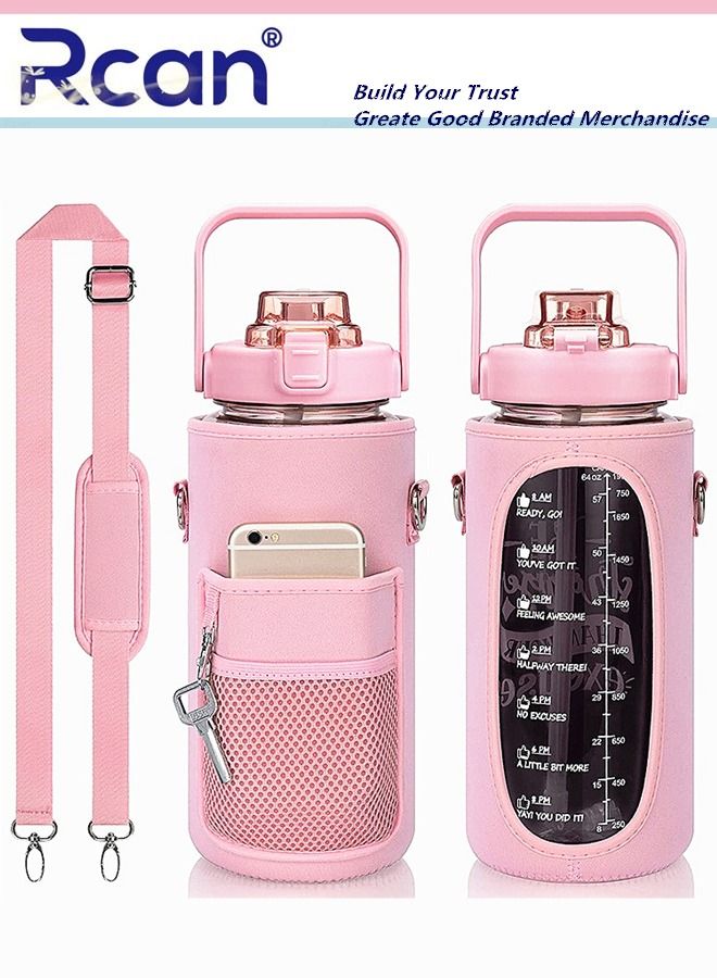 Rcan Portable Plastic Water Bottle with Straw and Handle Lid Large Capacity Water Cup with Time Marker Crossbody Carrier Strap Insulated Cloth Cup Bag Reusable Sports Drinking Bottle for Men and Women - Image 1