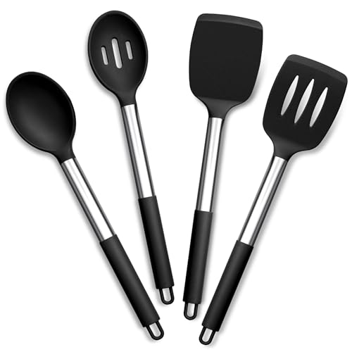 Joyfair Kitchen Utensils Set 4 Pcs Silicone Cooking Utensils Set Non Stick Spatula Turner Spoon Cookware Ideal for Cooking Mixing Serving Frying Stirring Heat Resistant  Dishwasher Safe Black