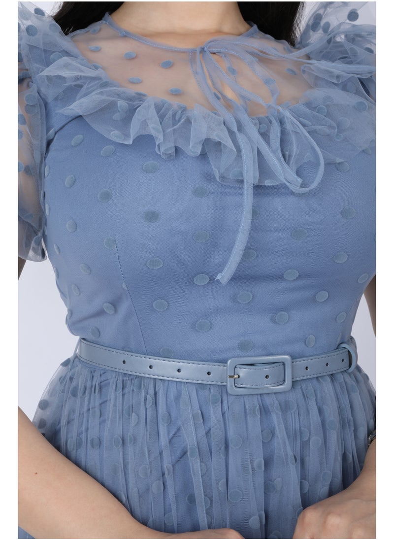 FULL JOY - Chiffon dress with short sleeves and a belt at the waist, Cyan - Image 1