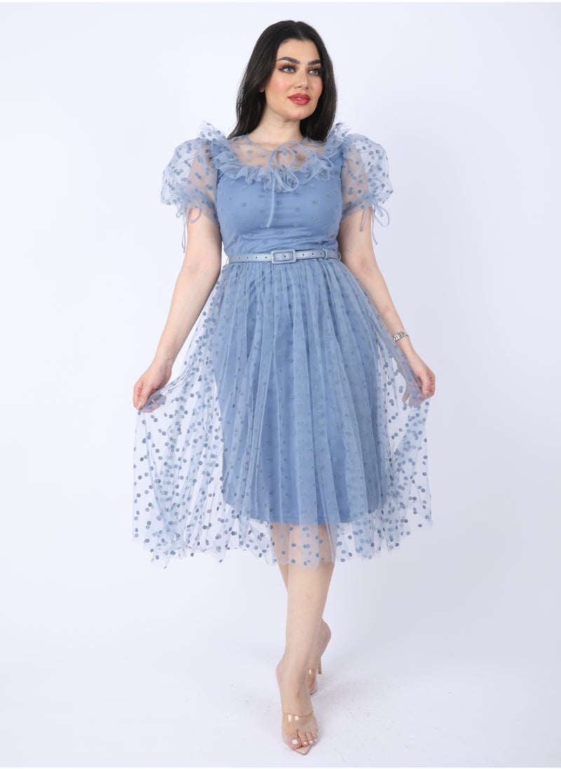 FULL JOY - Chiffon dress with short sleeves and a belt at the waist, Cyan - Image 1