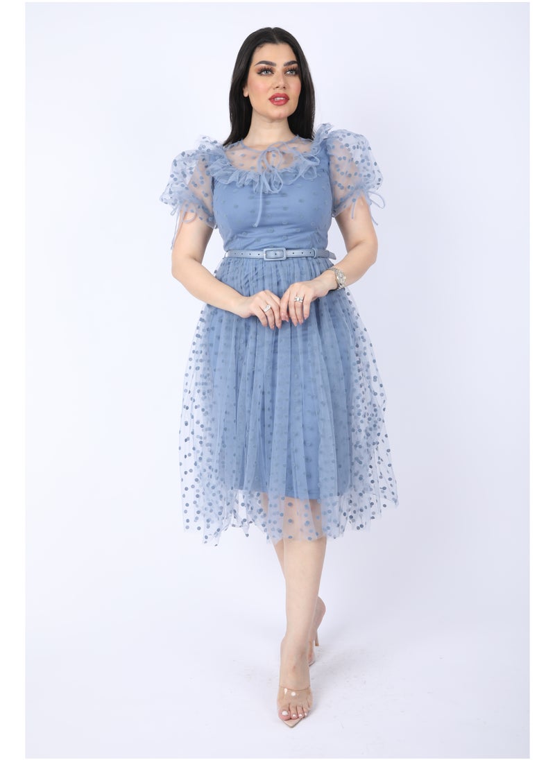 FULL JOY - Chiffon dress with short sleeves and a belt at the waist, Cyan - Image 1