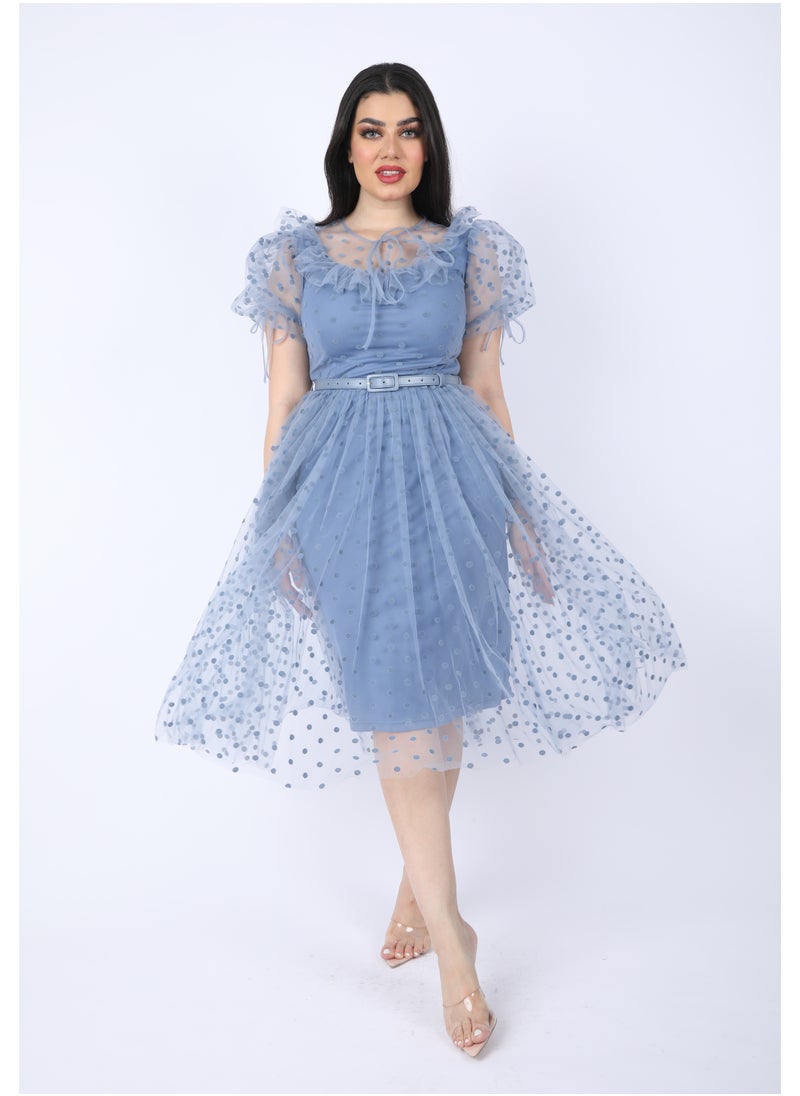 FULL JOY - Chiffon dress with short sleeves and a belt at the waist, Cyan - Image 1