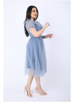 FULL JOY Chiffon dress with short sleeves and a belt at the waist, Cyan  - Image 4