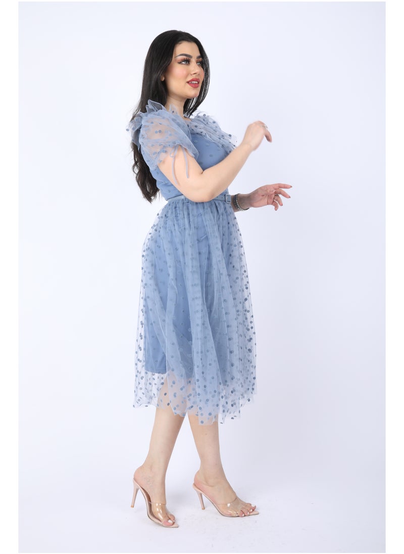 FULL JOY - Chiffon dress with short sleeves and a belt at the waist, Cyan - Image 1