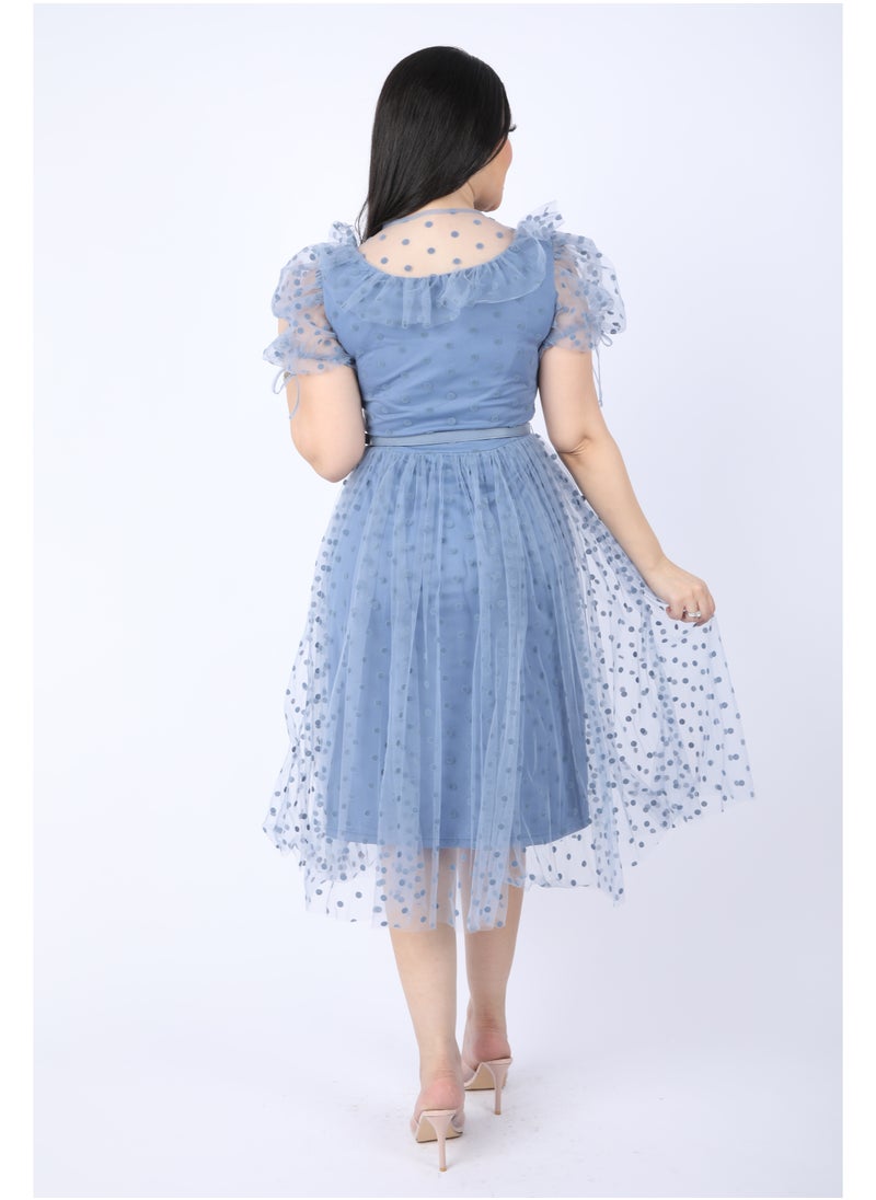 FULL JOY - Chiffon dress with short sleeves and a belt at the waist, Cyan - Image 1