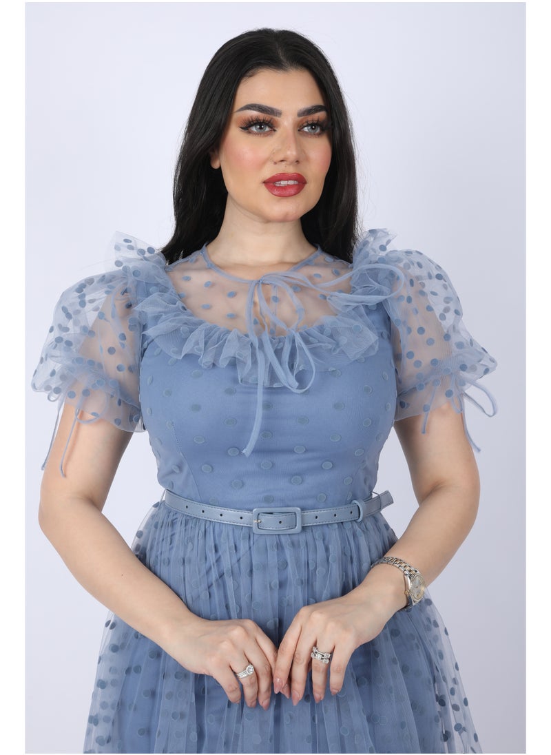 FULL JOY - Chiffon dress with short sleeves and a belt at the waist, Cyan - Image 1