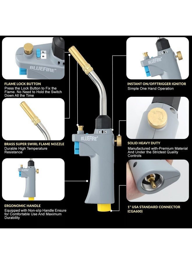 MR. Torch BLUEFIRE BTS-8090 Auto ON/OFF Trigger Start Heavy Duty Gas Welding Torch Head Cast Aluminium Adjustable Swirl Flame Hand Hold Portable Nozzle Fuel by MAPP MAP Pro Propane 1lb Tank Bottle (Torch)  - Image 3