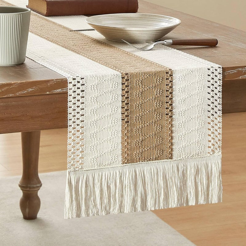 ZeeMart ZeeMart Macrame Style Bicolor Stitching Table Runner, 12 x 72 Inch Brown/Ivory, Boho Neutral Table Runners 72 Inches Long, Farmhouse Woven Home Decor - Image 1