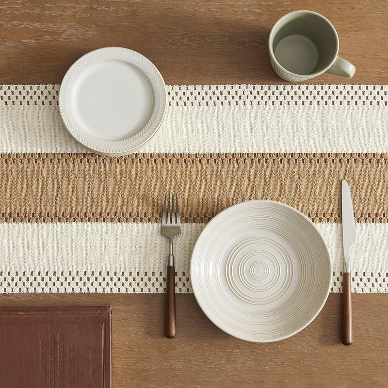 ZeeMart ZeeMart Macrame Style Bicolor Stitching Table Runner, 12 x 72 Inch Brown/Ivory, Boho Neutral Table Runners 72 Inches Long, Farmhouse Woven Home Decor - Image 5