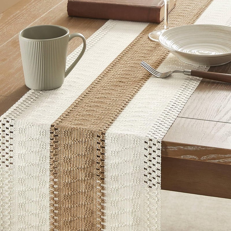 ZeeMart ZeeMart Macrame Style Bicolor Stitching Table Runner, 12 x 72 Inch Brown/Ivory, Boho Neutral Table Runners 72 Inches Long, Farmhouse Woven Home Decor - Image 4