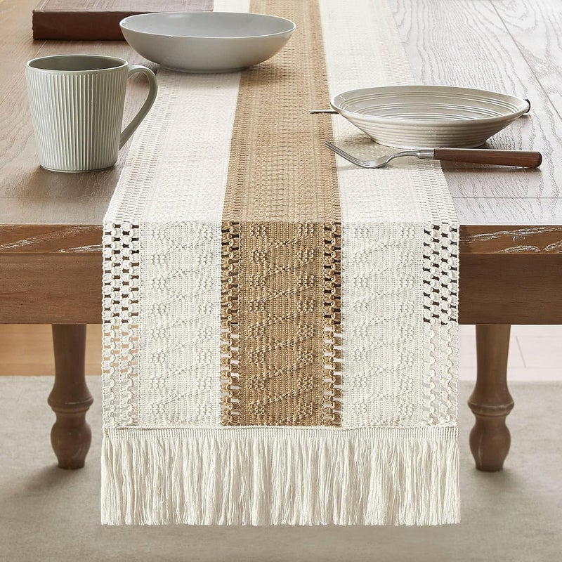 ZeeMart ZeeMart Macrame Style Bicolor Stitching Table Runner, 12 x 72 Inch Brown/Ivory, Boho Neutral Table Runners 72 Inches Long, Farmhouse Woven Home Decor - Image 2