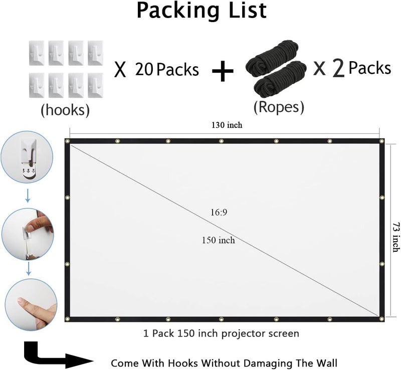 Mdbebbron 150 inch Projection Screen 16:9 Foldable Anti-Crease Portable Projector Movies Screen for Office Home Theater Indoor Outdoor Support Double Sided Projection - Image 4