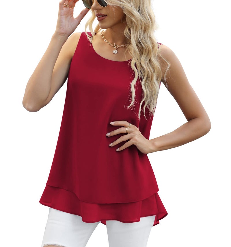 Jouica Women's Flowy Chiffon Tanks for Summer Loose Casual Sleeveless Summer Tank Tops Blouses,Wine Red,XX-Large - Image 2