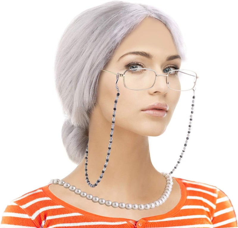 Feacole Old Lady Costume Set-Grandmother Wig,Wig Caps, Madea Granny Glasses, Eyeglass Retainer Chain,Pearl Necklace(5 Pieces) - Image 1