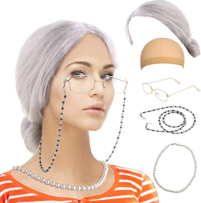 Feacole Old Lady Costume Set-Grandmother Wig,Wig Caps, Madea Granny Glasses, Eyeglass Retainer Chain,Pearl Necklace(5 Pieces) - Image 2