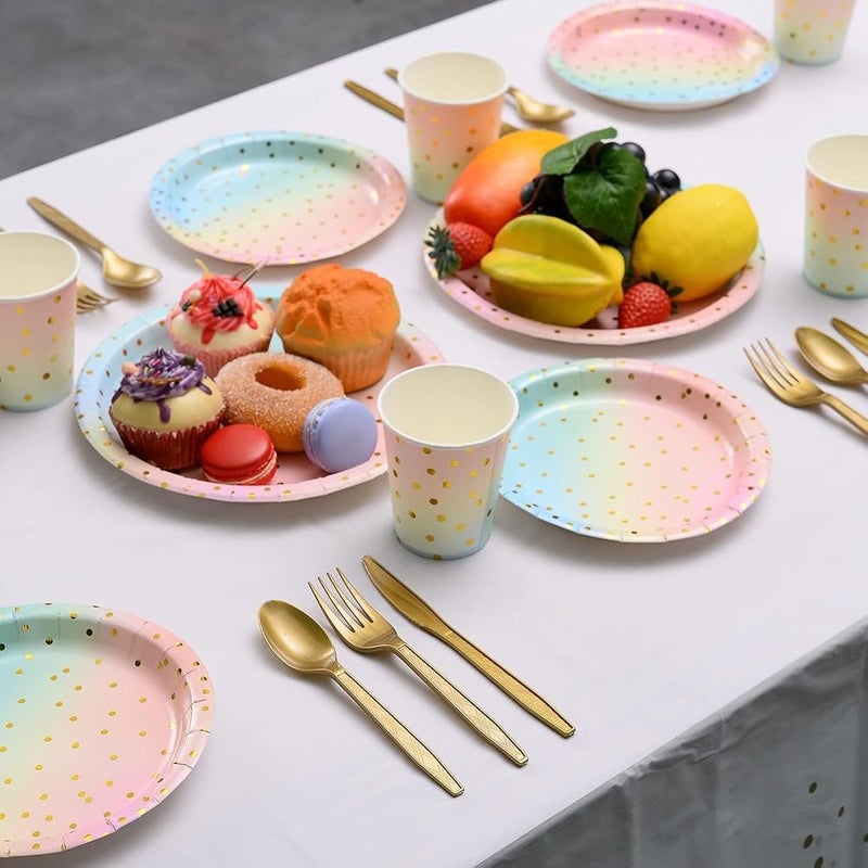 BrainGiggles Polka Dot Disposable Tableware Set for 25 – 175Pcs Party Supplies with Plates Cups Napkins Cutlery – Disposable Dinnerware Set for Birthday Baby Shower Wedding Holiday Events (Multicolor) - Image 3