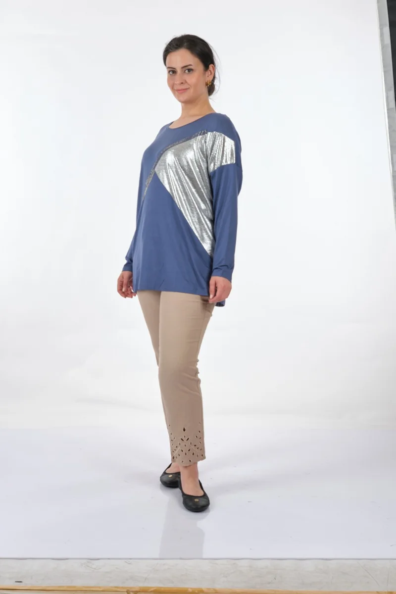 توميل Round Collar Plus Size Long Sleeve Indigo Women's Blouse MY2150P10758