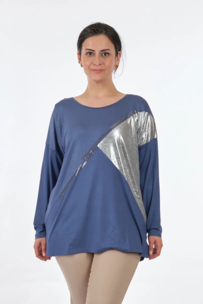 توميل Round Collar Plus Size Long Sleeve Indigo Women's Blouse MY2150P10758