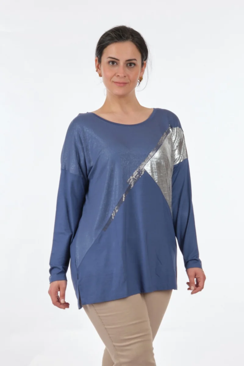 توميل Round Collar Plus Size Long Sleeve Indigo Women's Blouse MY2150P10758