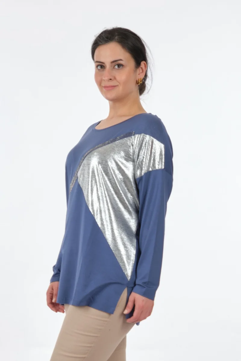 توميل Round Collar Plus Size Long Sleeve Indigo Women's Blouse MY2150P10758