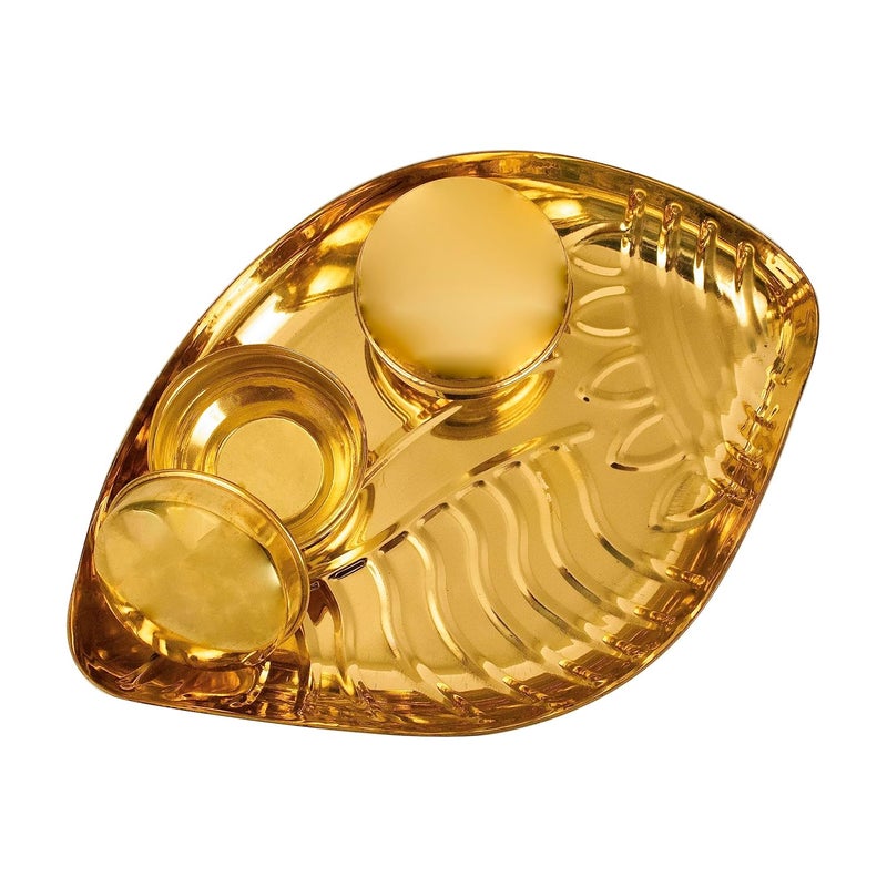 Spillbox Traditional Handcrafted Brass Thali Haldi kumkum Chandhan Holder Stand Plate with Lid for PoojaWorship Tilak Thali Sangu Plate with 2 Bowl - Image 2