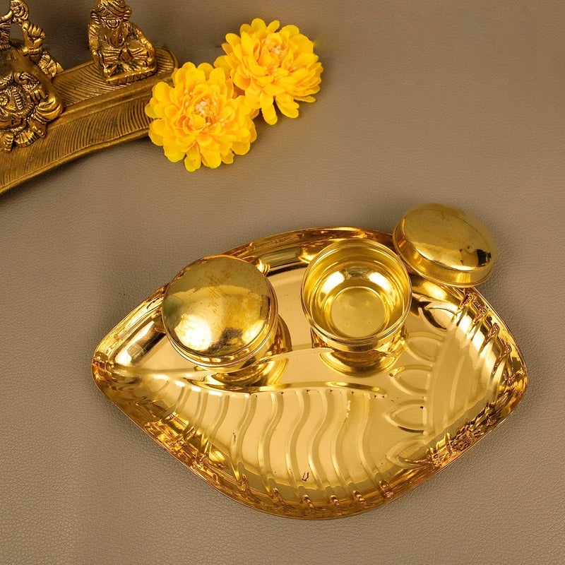 Spillbox Traditional Handcrafted Brass Thali Haldi kumkum Chandhan Holder Stand Plate with Lid for PoojaWorship Tilak Thali Sangu Plate with 2 Bowl - Image 4