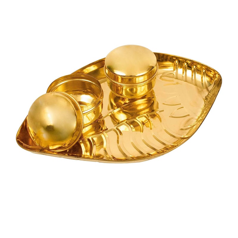 Spillbox Traditional Handcrafted Brass Thali Haldi kumkum Chandhan Holder Stand Plate with Lid for PoojaWorship Tilak Thali Sangu Plate with 2 Bowl - Image 1
